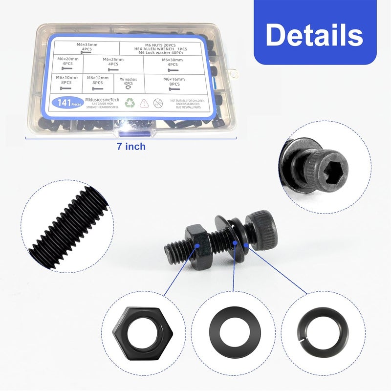 MklusiveTech 141Pcs M6 Screw Kit - 12.9 Grade Carbon Steel M6 Screws, Bolts, Nuts Assortment for DIY, 3D Printing, Automotive, Electronics (10-35mm, Black) - Image 3